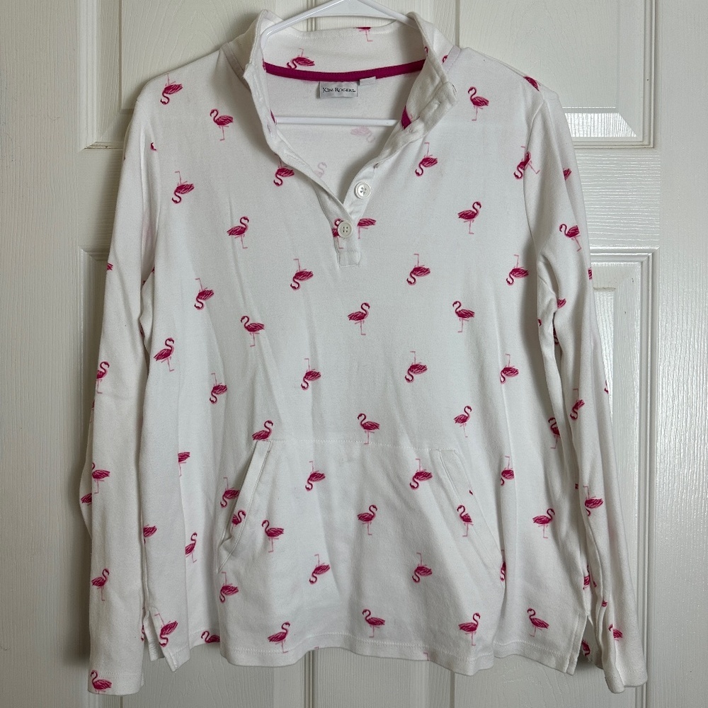 ! Kim Rogers White Flamingo Long Sleeve Pullover Shirt Women Size Petite M